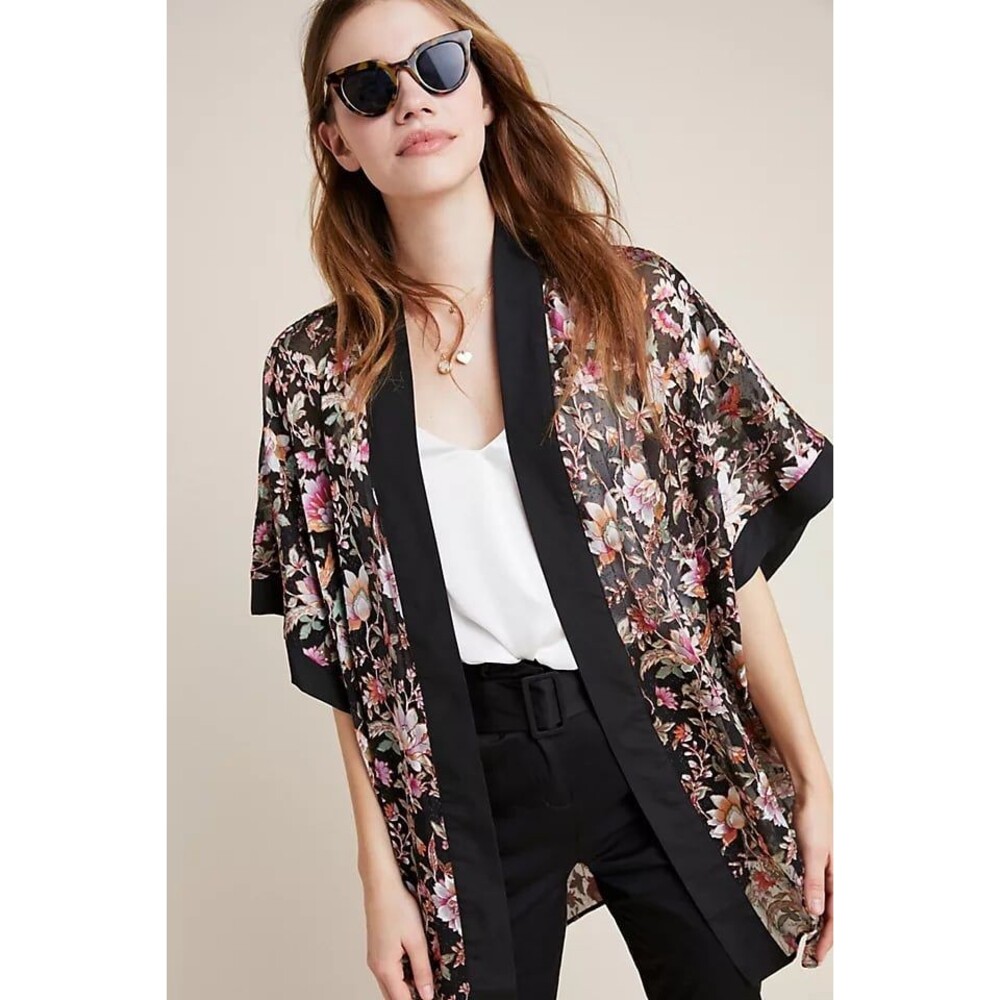 Anthropologie Maeve NWT Sheer Shimmery Floral Marquess Open Kimono Petite M